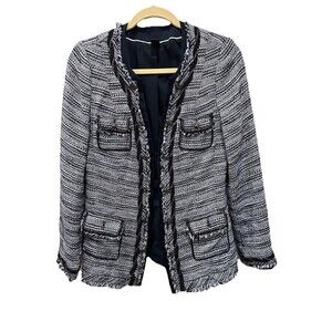 White House Black Market Jacket- Blue Tweed & Chain Accents. Sz 6 Flaw